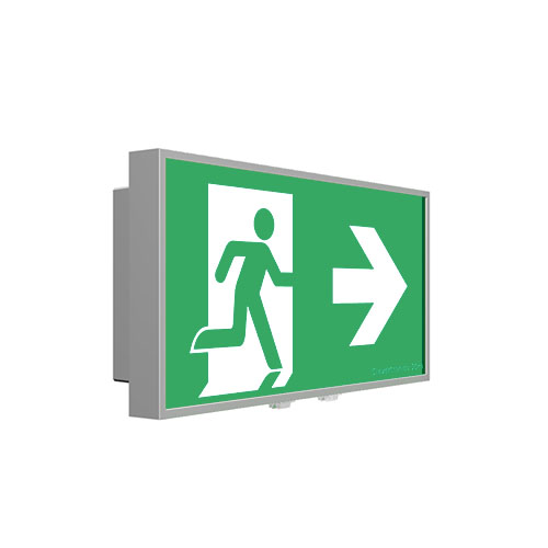 Form 16M Exit Exit, Surface Wall Mount, L10 Nanophosphate, DALI-2 Emergency, All Pictograms, Single Sided, Brushed Aluminium Frame